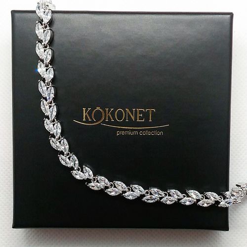 BRANSOLETKA srebrna ślubna wesele KLASA diamenty LUKSUS listki 8-0002 na Arena.pl