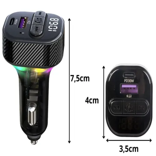 Transmiter samochodowy fm mp3 usb a+usb c 30w bluetooth 5.3 led qc 3.0 na Arena.pl