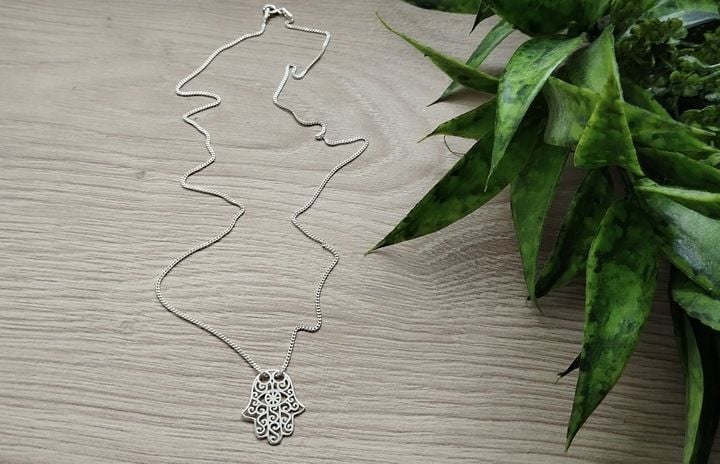 NASZYJNIK SREBRNY łańcuszek z zawieszką HAMSA RĘKA FATIMY CELEBRYTKA 45 cm zdjęcie 7