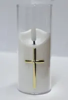 Świeca z krzyżem LED 5.5x12.5cm w osłonie z efektem płomienia 2xAA