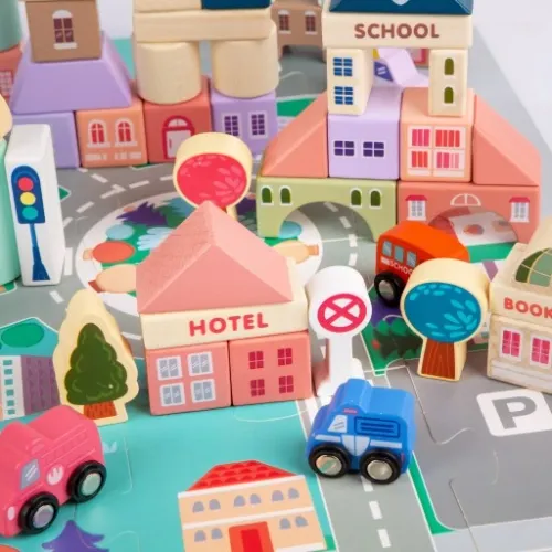 DREWNIANE KLOCKI ZESTAW DROGA MIASTO AUTA 115 ELEMENTÓW MATA PUZZLE na Arena.pl