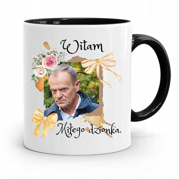 Kubek Czarny Donald Tusk Po Platforma Prezent Z Nadrukiem Ze Zdjęciem zdjęcie 1