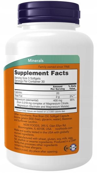 Now Foods Cytrynian Magnezu 400mg magnez 90 kaps zdjęcie 2