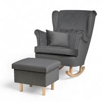Ciemny szary Fotel Bujany Uszak + Podnóżek ze schowkiem + Poduszka