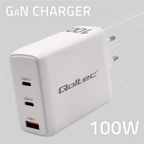Qoltec Ładowarka sieciowa 100W GaN  | 5-20V | 1.5-5A | 2 x USB-C PD | na Arena.pl
