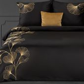 Pościel satynowa HAFT2 160x200 liście miłorzębu czarna / złota