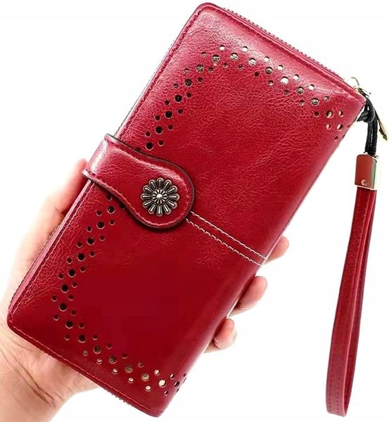 Portfel Skórzany duży pojemny ażurowy pasek boho C2_B_Czerwony zdjęcie 2