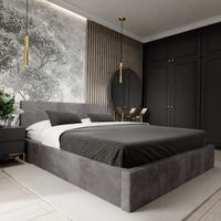 ŁÓŻKO TAPICEROWANE 140x200 ŁÓŻKO PODWÓJNE Z POJEMNIKIEM GRAFITOWE