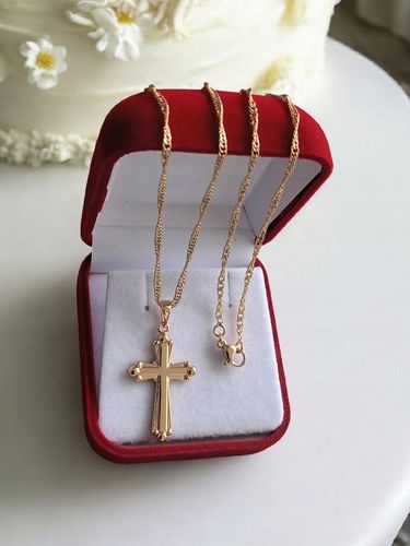 złoty łańcuszek krzyżyk na komunię na chrzest medalik komunijny + PUDEŁKO na Arena.pl