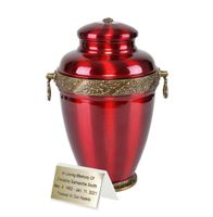 Piękna czerwona metalowa urna kremacyjna Urna pogrzebowa / Plakietka