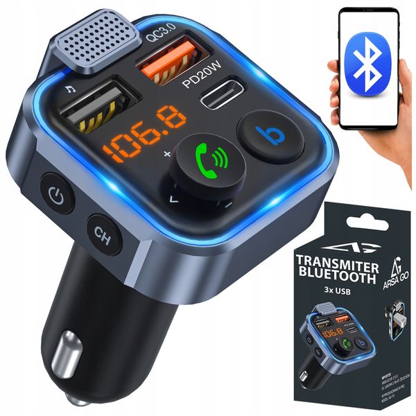 TRANSMITER BLUETOOTH SAMOCHODOWY FM 3x USB ADAPTER SZYBKA ŁADOWARKA MP3 zdjęcie 2