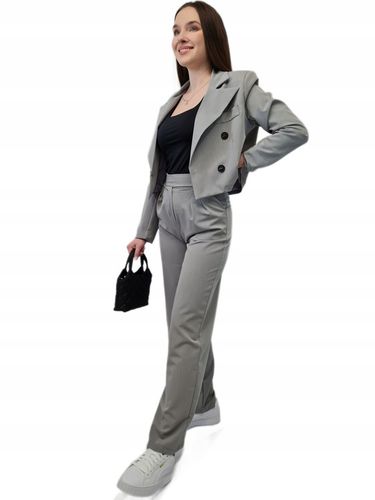 Nowoczesny GARNITUR DAMSKI Szary, Krótka Marynarka i Szerokie Spodnie, r.M na Arena.pl