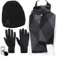 Elegancki Czarny Komplet Męski Czapka Szalik Rękawiczki Dotykowe MORAJ