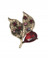 Broszka dwa listki z czerwonymi cyrkoniami i kryształkiem kolor srebrny 3cm
