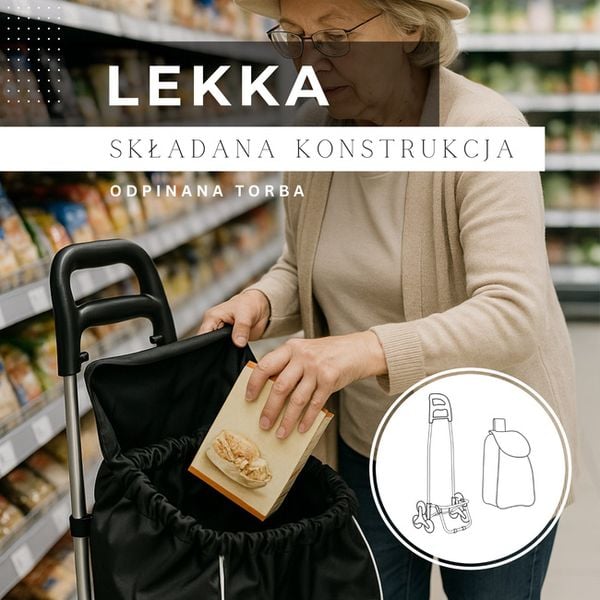 Wózek na zakupy, walizka zakupowa dla seniora 30 l torba na 6 kółkach, schodowa szaro-czarny zdjęcie 4