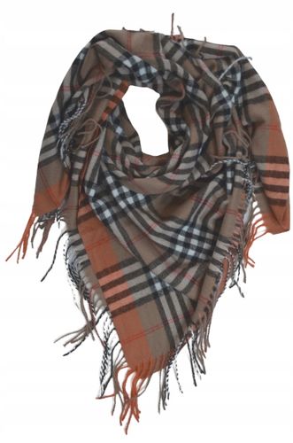 Miękka i ciepła chusta z frędzlami krata HIT SEZONU brązowo-pomarańczowa 02 na Arena.pl