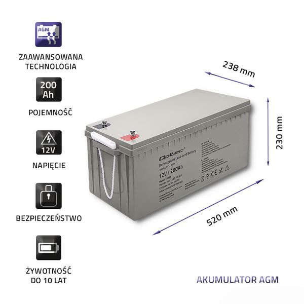 Qoltec Akumulator AGM | 12V | 200Ah | max. 3000A zdjęcie 4