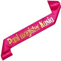 Pani Magister + imię - różowa szarfa ze złotym nadrukiem