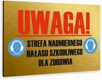 Tabliczka znak informacyjny 20x15 Złota STREFA HAŁASU Nierdzewna NADRUK UV