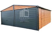 GARAŻ BLASZANY 6m x 6m poziom - dwuspad 2x Brama - jasny orzech + antracyt - drzwi dodatkowe 6x6