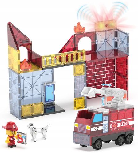 KLOCKI MAGNETYCZNE KONSTRUKCYJNE REMIZA STRAŻACKA Z WOZEM 50 EL MAGNA TILES na Arena.pl
