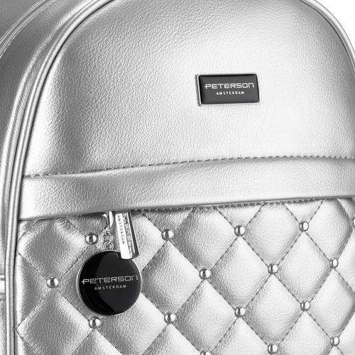 błyszczący srebrny plecak damski zdobiony pikowaniem i nitami eko skóra na Arena.pl