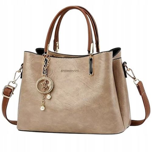 Torebka Damska BRĄZOWA Beżowa na Ramię Pasek do Ręki na Zamek Kuferek na Arena.pl