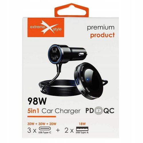 Ładowarka samochodowa eXtremestyle 3xUSB-C + 2xUSB 98W 3A kabel 1.5m na Arena.pl