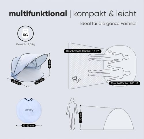 Sondry Namiot plażowy Pop Up dla 3-4 osób, z żaglem UV UPF 50+ na Arena.pl