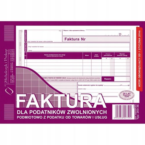 FAKTURA DLA POD. ZWOL. Z POD. A5 POZIOMA 203-3E na Arena.pl