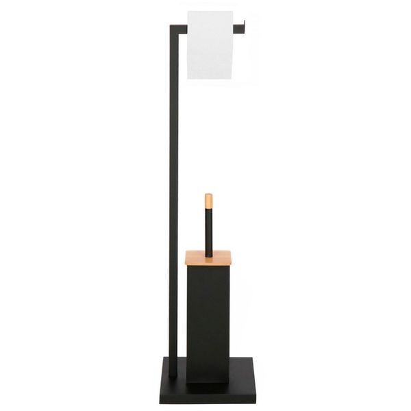 Stojak toaletowy na papier i szczotkę WC, metalowy, czarny, bambus zdjęcie 2