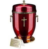 Piękna czerwona metalowa urna kremacyjna na prochy / Plakietka