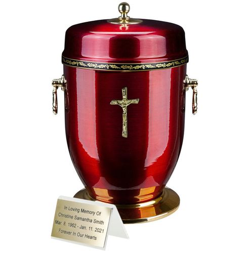 Piękna czerwona metalowa urna kremacyjna na prochy / Plakietka na Arena.pl