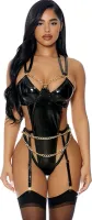 forplay winylowe body xl z siateczką, złote detale i paski do pończoch