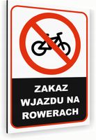 Tabliczka znak informacyjny 40x30 Biała ZAKAZ WJAZDU NA ROWERACH Dibond