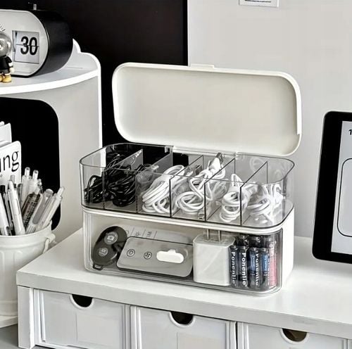 ORGANIZER PUDEŁKO POJEMNIK NA ŁADOWARKI BATERIE SŁUCHAWKI PRZEWODY na Arena.pl