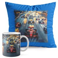 ZESTAW KUBEK + PODUSZKA NIEBIESKA - BOLID F1 WYŚCIGI SPORT