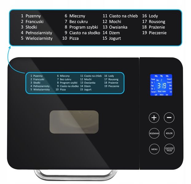 Wypiekacz do chleba Automat MENU PL Yoer INOX +Przepisy +19 programów zdjęcie 9