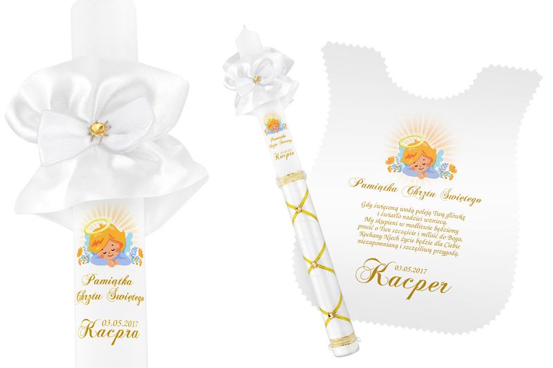 Szatka i świeca do CHRZTU biała IMIĘ DATA WZORY zdjęcie 5