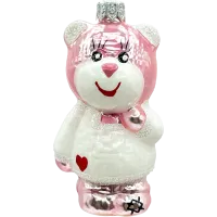 Bombka choinkowa szklana: Uroczy Miś w białym sweterku: różowy