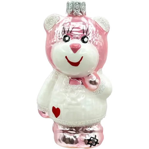 Bombka choinkowa szklana: Uroczy Miś w białym sweterku: różowy na Arena.pl