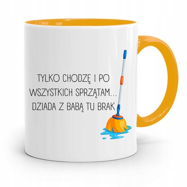 Kubek Żółty Dla Mamy Tylko Chodzę I Sprzątam Z Nadrukiem Ze Zdjęciem zdjęcie 1