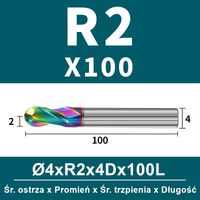 Frez kulowy, kula 2-ostrzowy VHM powłoka DLC Rozmiar: Ø4.0xR2x4Dx100L