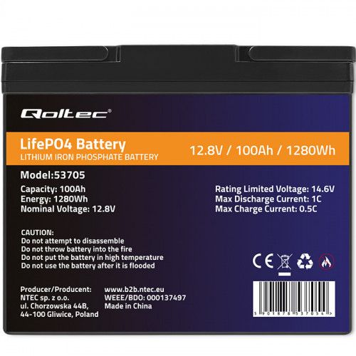 AKUMULATOR LIFEPO4 QOLTEC 12V BMS 100AH zdjęcie 2