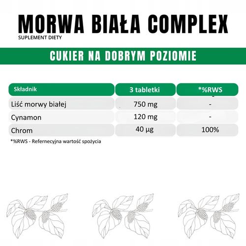 Morwa Biała COMPLEX 200 TABLETEK Prawidłowy poziom cukru Chrom Cynamon na Arena.pl