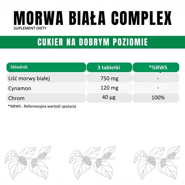 Morwa Biała COMPLEX 200 TABLETEK Prawidłowy poziom cukru Chrom Cynamon zdjęcie 3