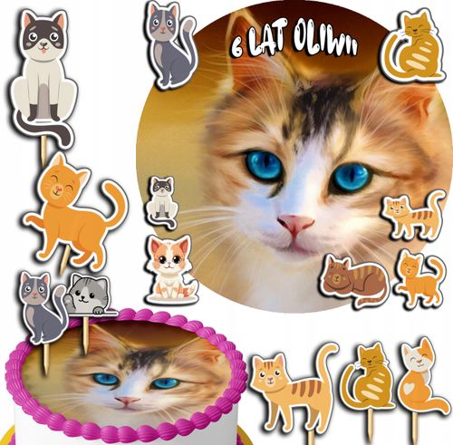 ZESTAW OPŁATEK NA TORT 20CM + TOPPERY PAPIEROWE - KOT KOTEK KOTY 15CM 18CM na Arena.pl