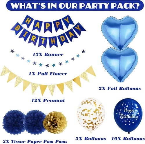 Zestaw Balonów Dekoracje na Urodziny Niebieskie Złote Konfetti Girlanda na Arena.pl