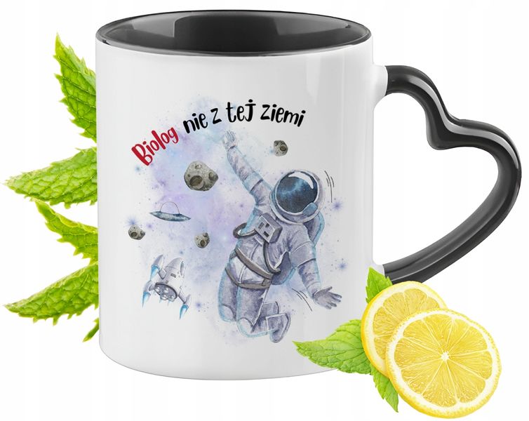 Kubek Czarny Z Uszkiem W Kształcie Serca Dla Biologa Na Prezent zdjęcie 1