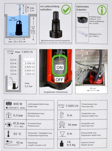 POMPA DO WODY ZE ZINTEGROWANYM PŁYWAKIEM 7500l/h na Arena.pl
